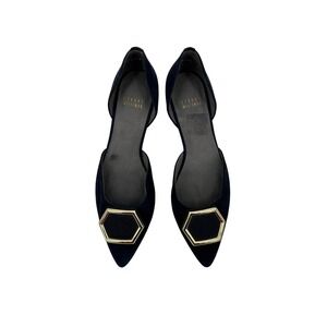 Stuart Weitzman Navy Blue Suede Pointed Toe D'Orsay Flats Gold Buckle Size 8.5 M